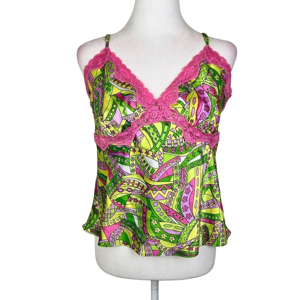 ☘️5/$25 Cabernet  Lace Trim Babydoll Cami Top Medium Psychedelic Festival